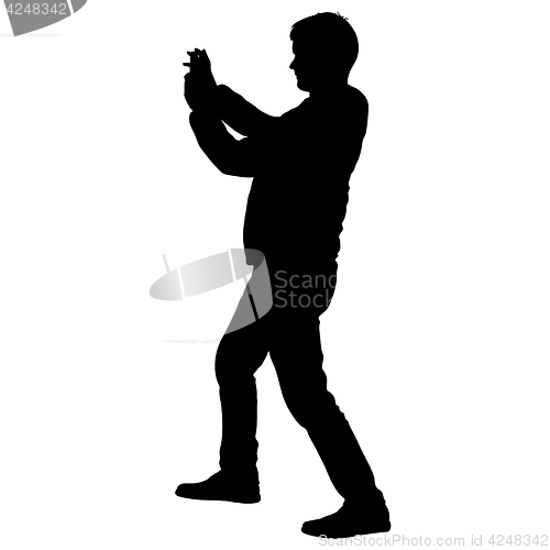 Image of Silhouettes man taking selfie with smartphone on white background