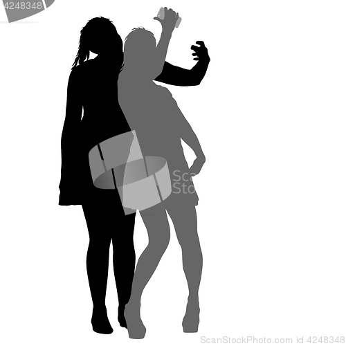 Image of Silhouettes woman taking selfie with smartphone on white background. illustration