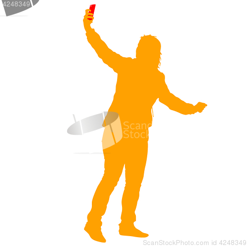 Image of Silhouettes woman taking selfie with smartphone on white background. illustration