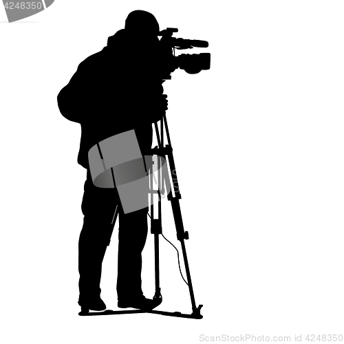 Image of Cameraman with video camera. Silhouettes on white background