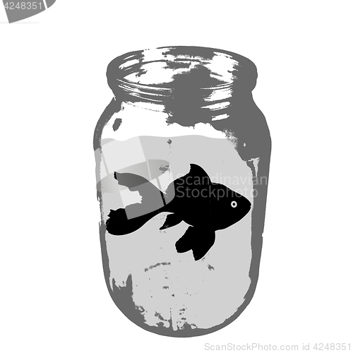 Image of Black silhouette of aquarium fish in a jar with water on white background