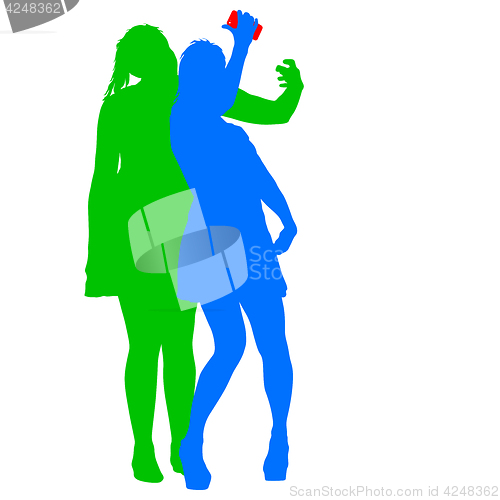 Image of Silhouettes woman taking selfie with smartphone on white background. illustration