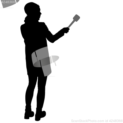 Image of Sound technician with microphone in hand. Silhouettes on white background