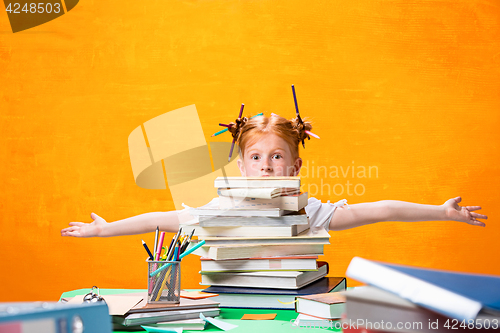 Image of The Redhead teen girl with lot of books at home. Studio shot