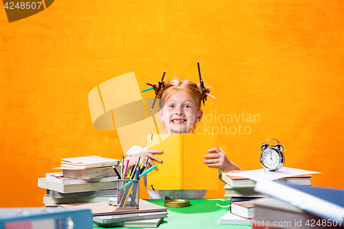 Image of The Redhead teen girl with lot of books at home. Studio shot