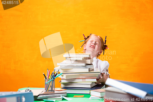 Image of The Redhead teen girl with lot of books at home. Studio shot