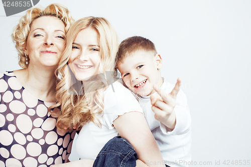 Image of happy smiling family together posing cheerful on white background, lifestyle people concept, mother with son and teenage daughter isolated