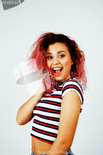 Image of young happy smiling latin american teenage girl emotional posing on white background, lifestyle people concept closeup