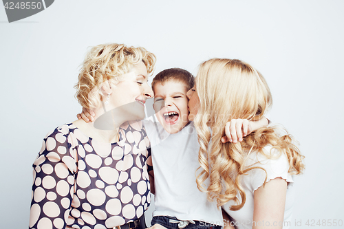 Image of happy smiling family together posing cheerful on white background, lifestyle people concept, mother with son and teenage daughter isolated