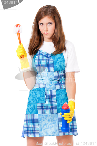 Image of Housewife with cleaning supplies