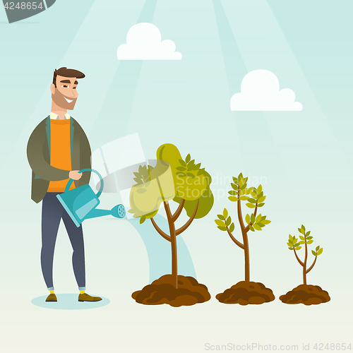 Image of Business woman watering trees vector illustration.