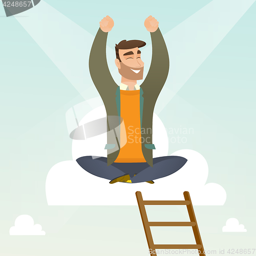 Image of Happy businessman sitting on the cloud.