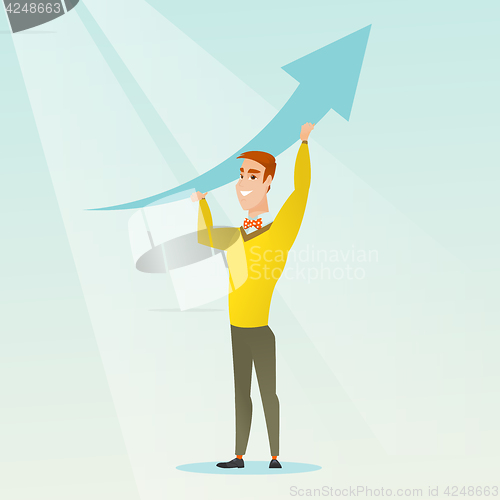 Image of Businessman holding graph going up.