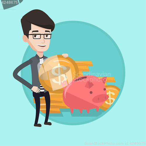 Image of Man putting coin in piggy bank vector illustration