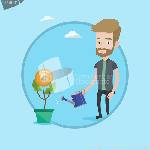 Image of Man watering money flower vector illustration.