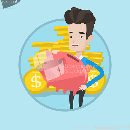 Image of Businessman carrying big piggy bank.