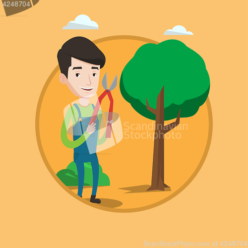 Image of Farmer with pruner in garden vector illustration.