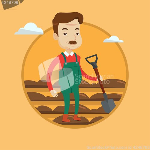 Image of Farmer with shovel at field vector illustration.