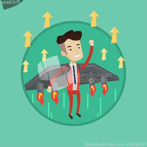 Image of Happy businessman flying on the rocket to success.