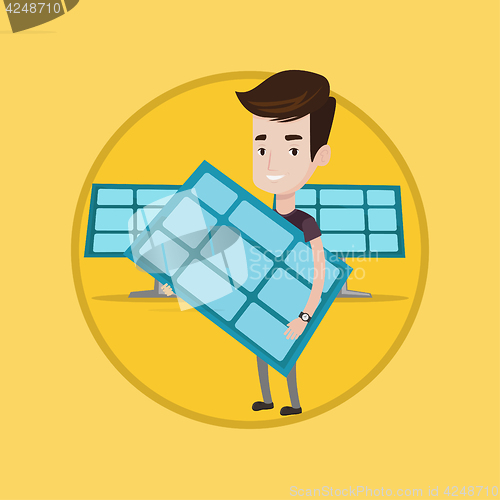 Image of Man holding solar panel vector illustration.