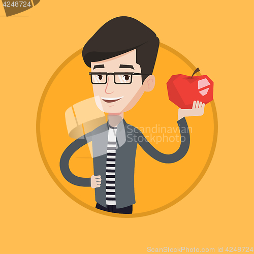 Image of Young man holding apple vector illustration.