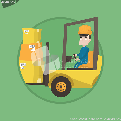 Image of Warehouse worker moving load by forklift truck.