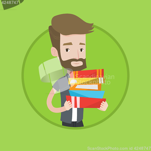 Image of Man holding pile of books vector illustration.