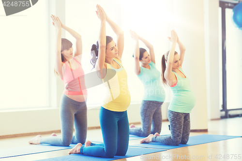 Image of happy pregnant women exercising on mats in gym