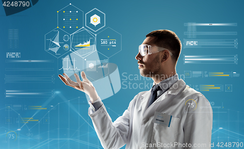 Image of doctor or scientist in lab coat and safety glasses