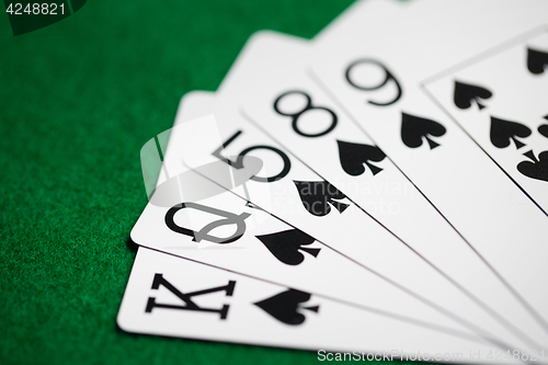 Image of poker hand of playing cards on green casino cloth