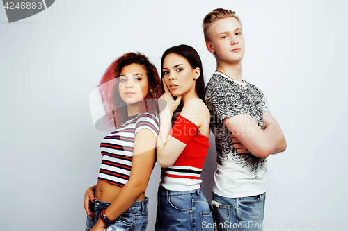 Image of company of hipster guys, blonde boy and girls students having fun together friends, diverse fashion style and races, lifestyle people concept isolated on white background closeup