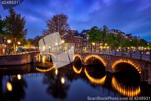 Image of Amterdam canal, bridge and medieval houses in the evening