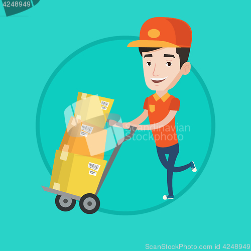 Image of Delivery postman with cardboard boxes on trolley.