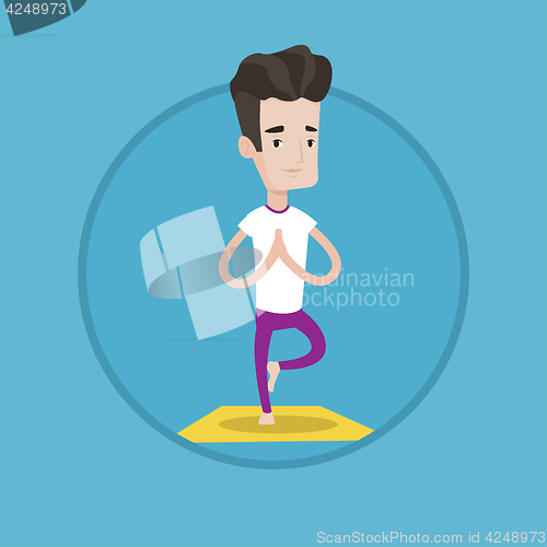 Image of Man practicing yoga tree pose vector illustration.