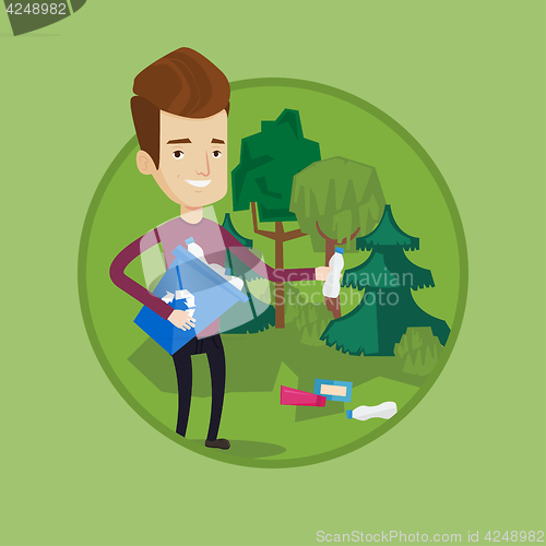 Image of Man collecting garbage in forest.