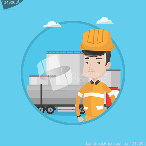 Image of Worker on background of fuel truck and oil plant.