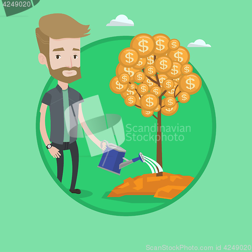 Image of Man watering financial tree vector illustration.