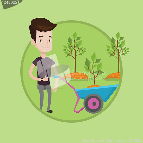 Image of Man pushing wheelbarrow with plant.