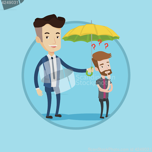 Image of Insurance agent holding umbrella over young man.