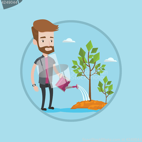 Image of Businessman watering trees vector illustration.