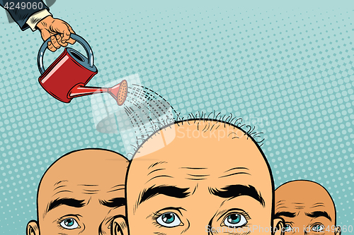 Image of Remedy for hair growth. bald man poured from a watering can