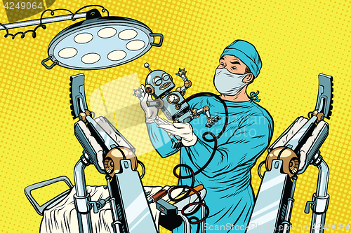 Image of birth newborn robot, an obstetrician in the operating room