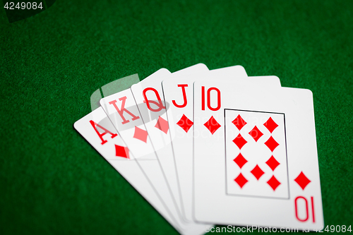 Image of poker hand of playing cards on green casino cloth