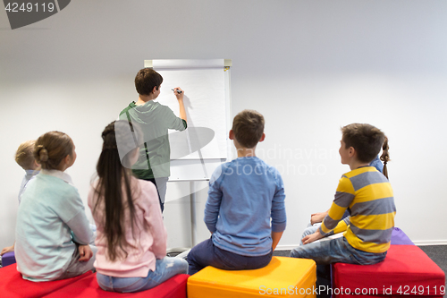 Image of student boy with marker writing on flip board