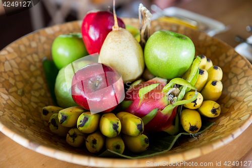 Image of still life with exotic tropical fruits in bowl