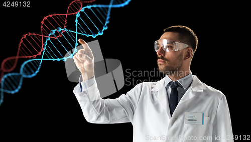 Image of scientist in goggles with dna molecule