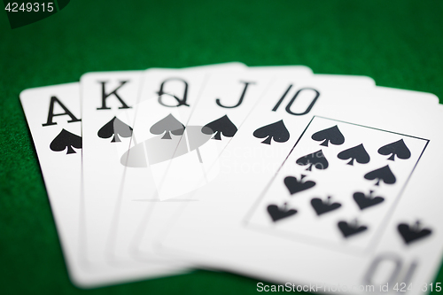 Image of poker hand of playing cards on green casino cloth