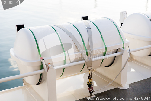 Image of life raft container on ship or boat deck