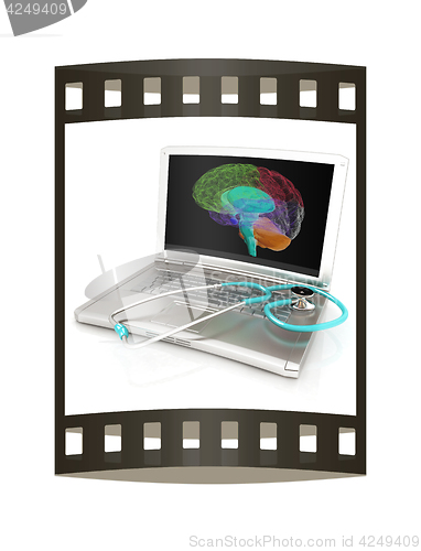 Image of Laptop, brain and Stethoscope. 3d illustration. The film strip