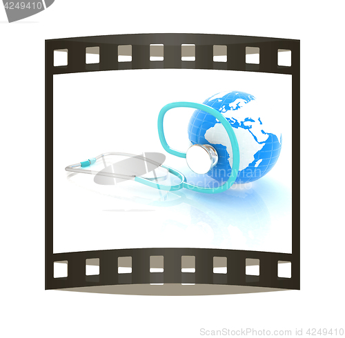 Image of stethoscope and globe.3d illustration. The film strip